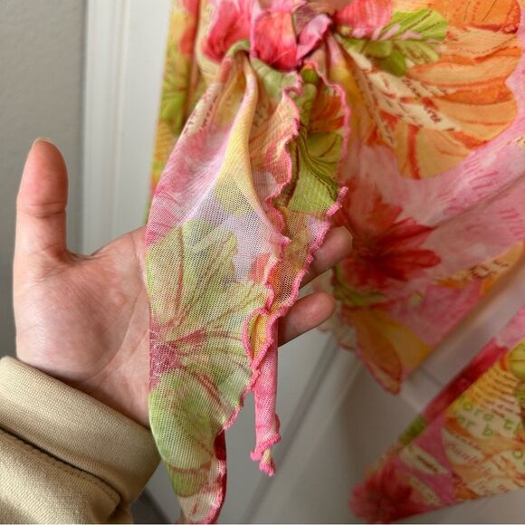 Y2K SNO SKINS Pink Orange Green Floral Micro Mesh Ruffle Shrug Wrap Top Sz XL - Picture 2 of 9